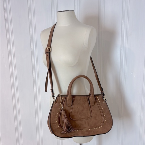 Handbags - NWOT Faux Suede Satchel-Style Crossbody Handbag with Tassel & Gold Studs